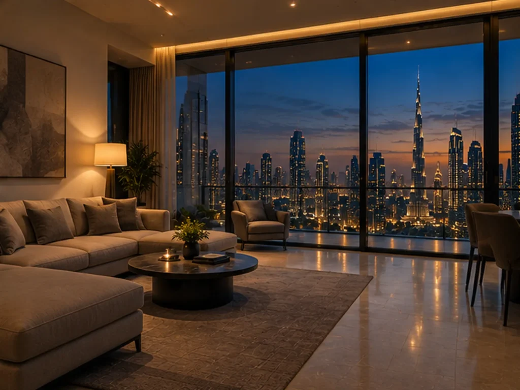 Apartment interior with skyline view, Dubai