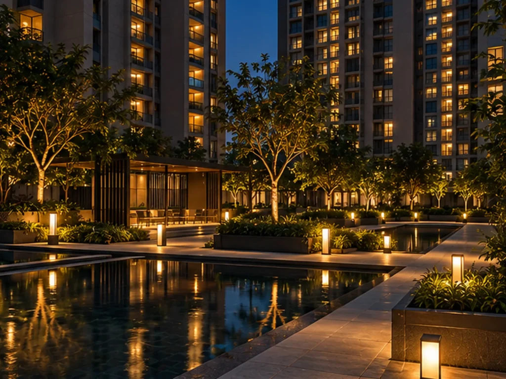 Podium landscaping and reflecting pool