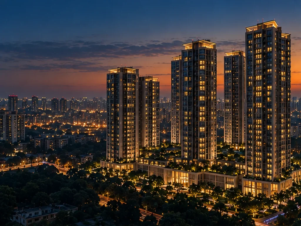 Residential towers at dusk