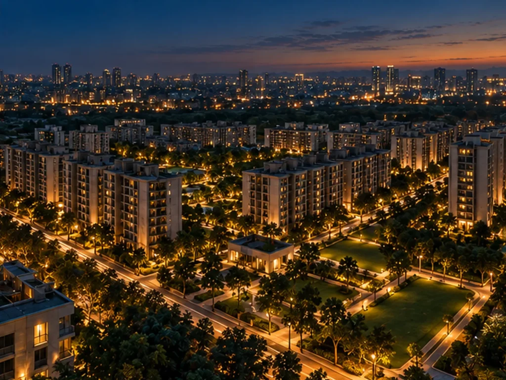 Planned township at dusk