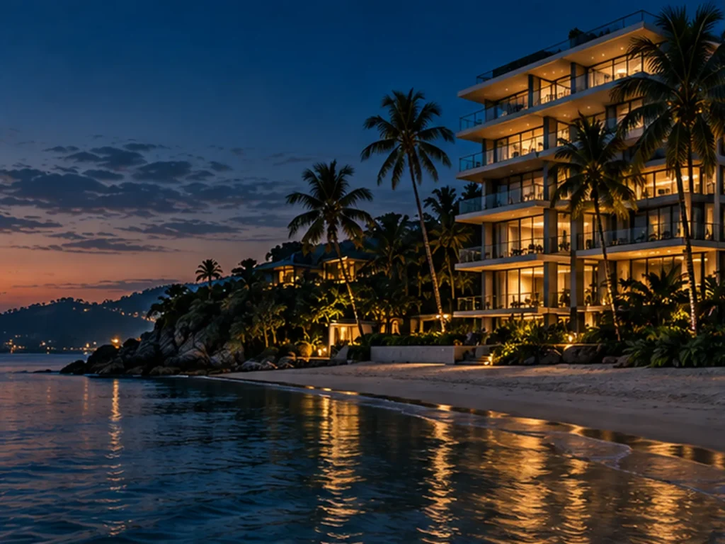 Beachfront residence at dusk, southern Thailand
