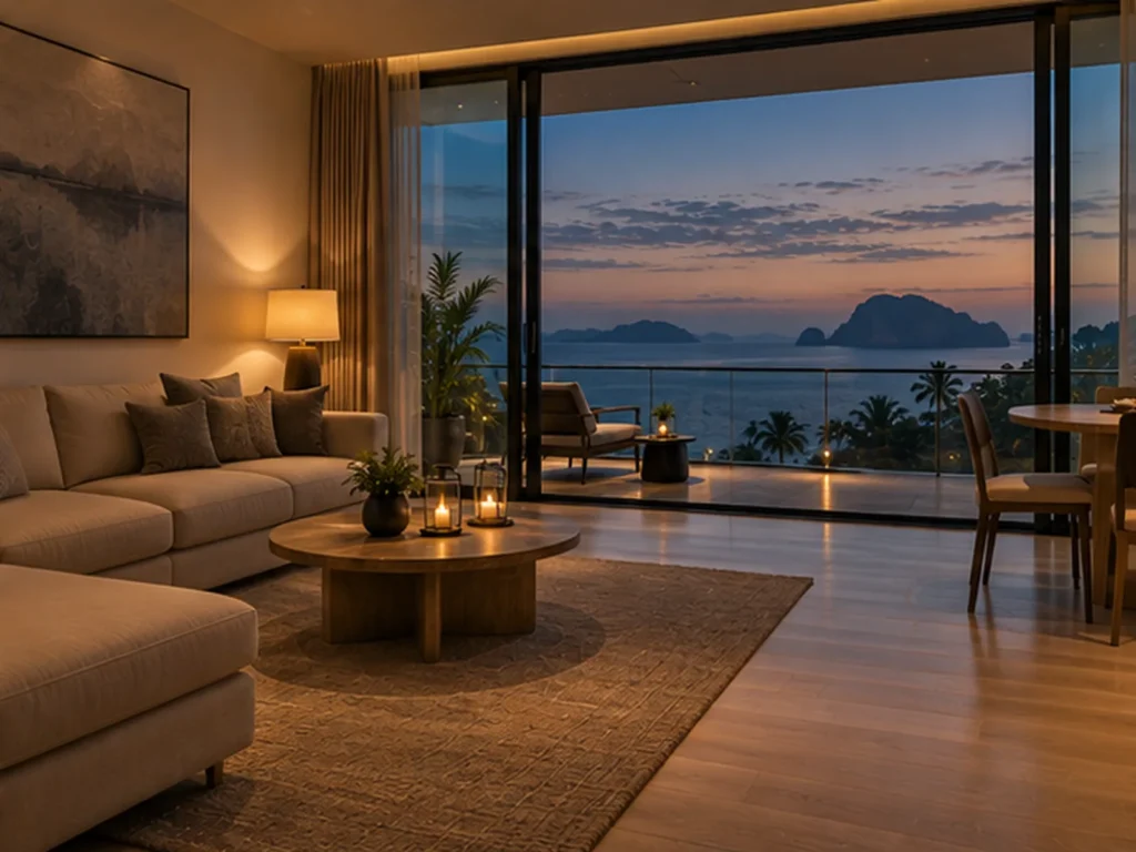 Condominium interior with sea view
