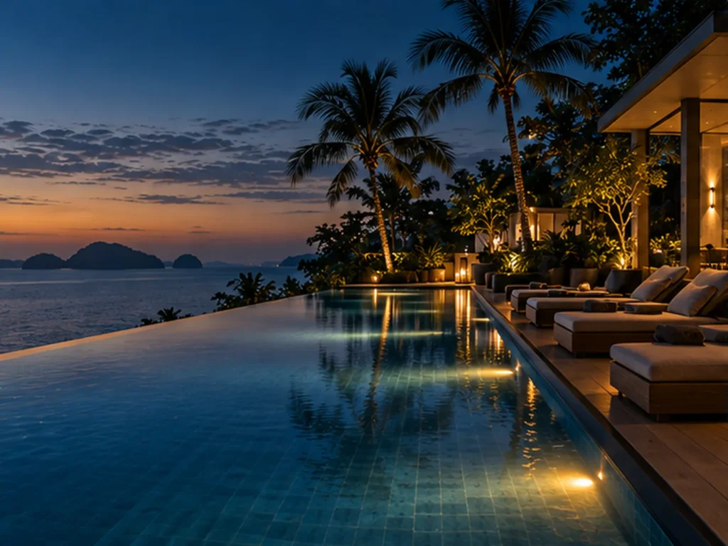 Condominium pool deck at blue hour